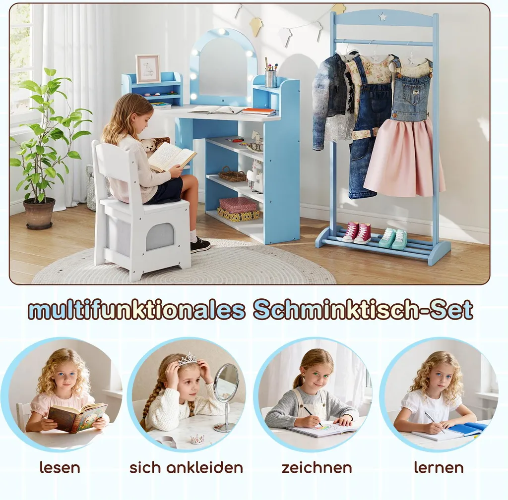 Coiffeuse enfant LED avec 8 compartiments de rangement et miroir d'angle - 8