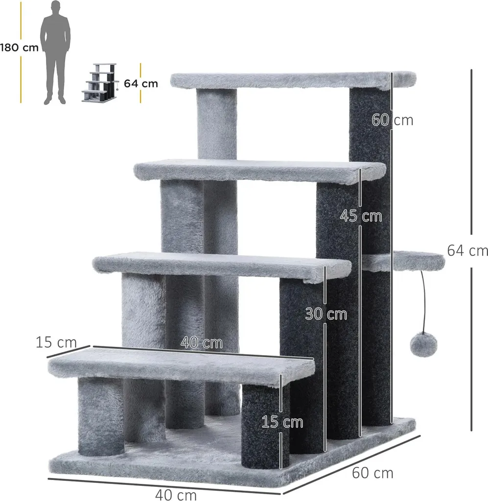 Arbre à chat compact type escalier 4 paliers en peluche grise douce - 2