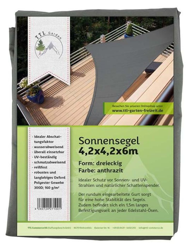 TTL GARDEN Sonnensegel Dreieck 4,2x4,2x6m rechtwinklig anthrazit Premium