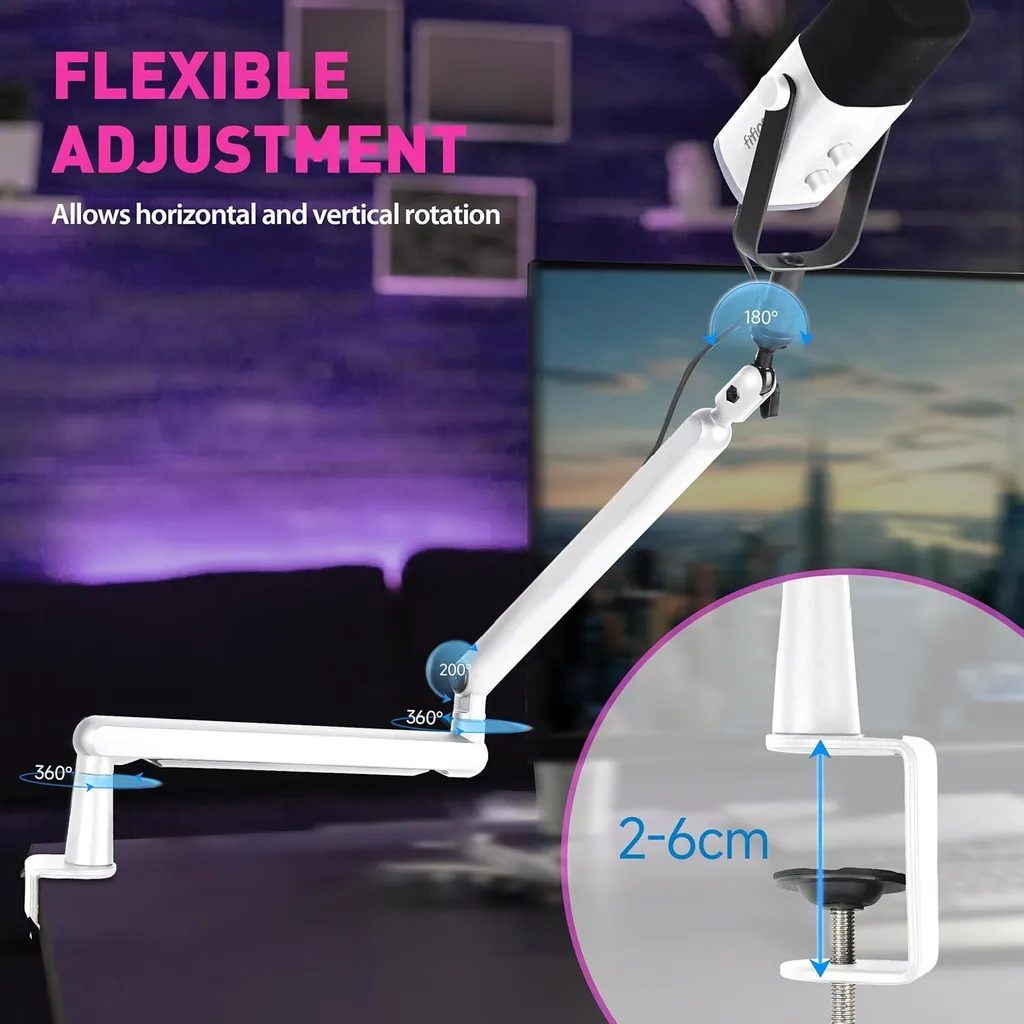 Bras de microphone plat réglable pour éviter d'encombrer votre écran