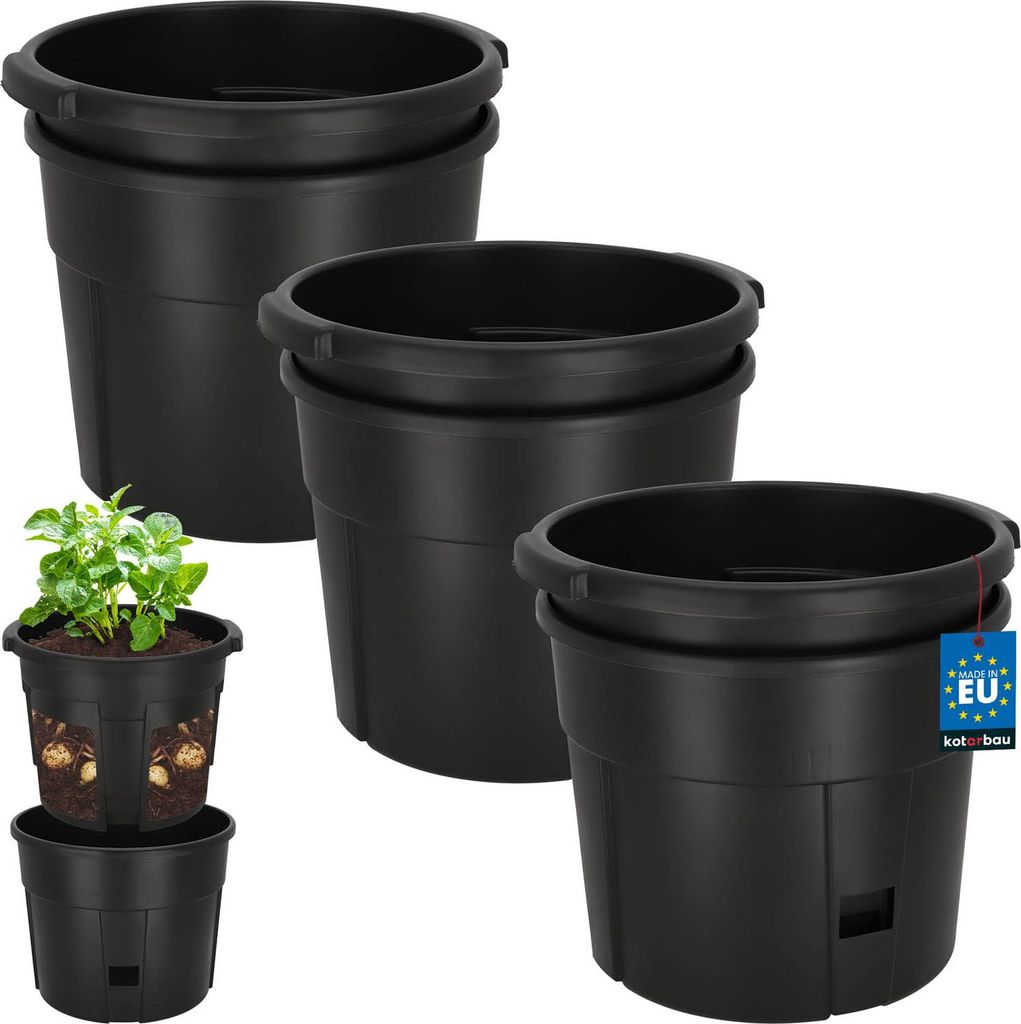KOTARBAU 3er Set Kartoffelanbau Kübel für Pflanzkartoffeln 29,5 cm Kunststoff Kartoffel Pflanztopf Schwarz Pflanzkübel Groß Außen