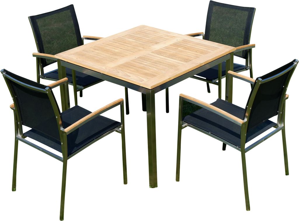 ALEOS. Gartengarnitur Edelstahl Batyline A-Grade Teak Holz Set: Tisch 90x90 cm + 4 Sessel Serie KUBA-SCHWARZ Gastroqualität