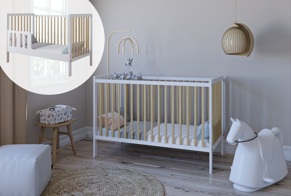 ZEE LUMI Weiß/Natur Babybett 120x60 cm mit Schutzgitter 2in1 Kinderbett aus Kiefernholz Höhenverstellbar EN 716 Umbaubar zum Juniorbett