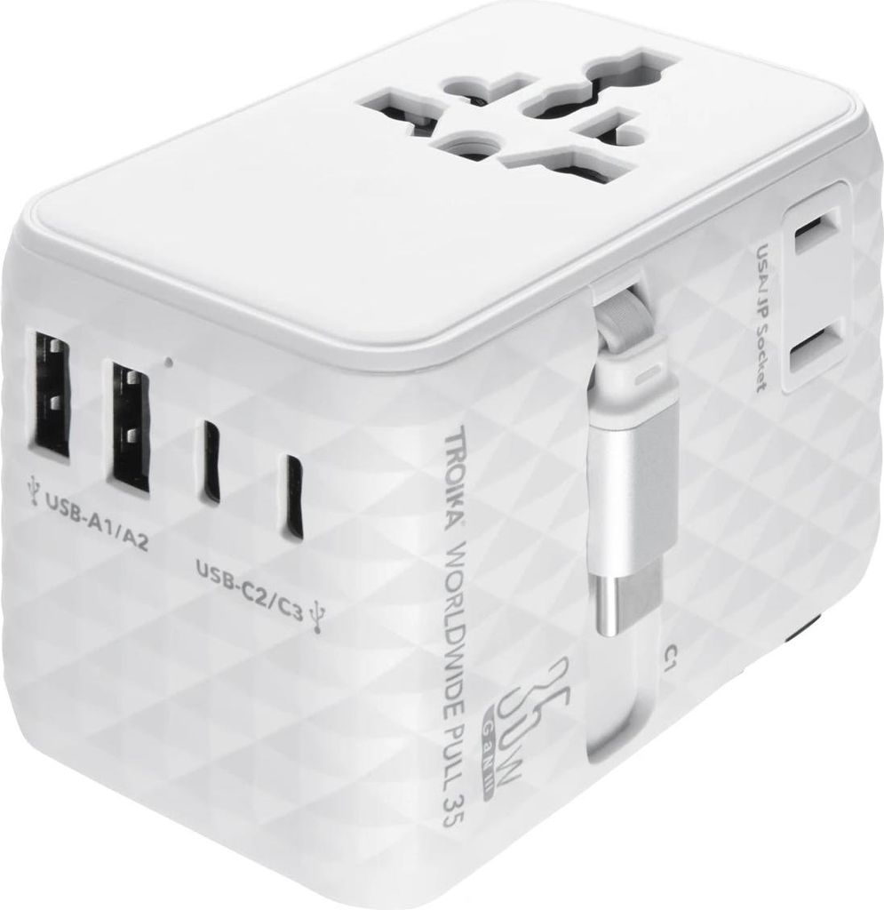 TROIKA Reiseadapter mit integriertem USB-C Kabel – WORLDWIDE PULL 35 – Schnellladekabel, für alle Steckdosen weltweit