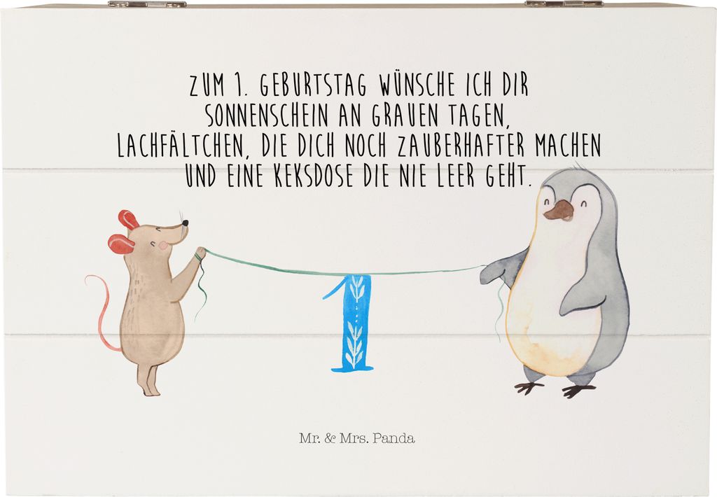 Mr. & Mrs. Panda Box 1. Geburtstag Maus Pinguin 22 x 15 cm - Weiß - Geschenk, schmuckkiste, fotobox, Geschenkbox, Holzbox mit Deckel, Happy Birthd...