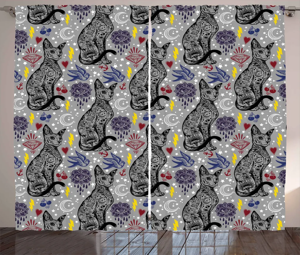 ABAKUHAUS Tenda rustica egiziana, gatto mistico vintage, tenda con passanti e ganci per camera da letto, 280 x 175 cm, multicolore