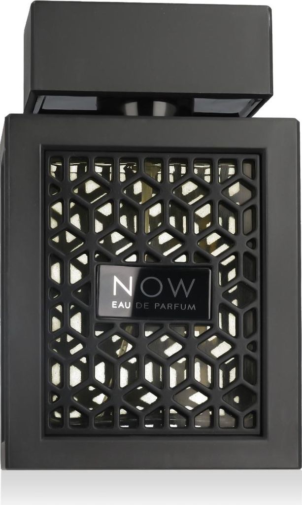 A black perfume bottle with a decorative geometric pattern on the front.