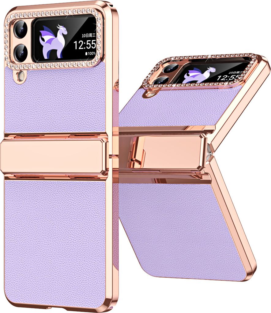 Handyhülle für Samsung Galaxy Z Flip 3 5G, Scharnierschutz, Luxus Galvanisierter Litschi Glänzender Diamant Schutzhülle Lila