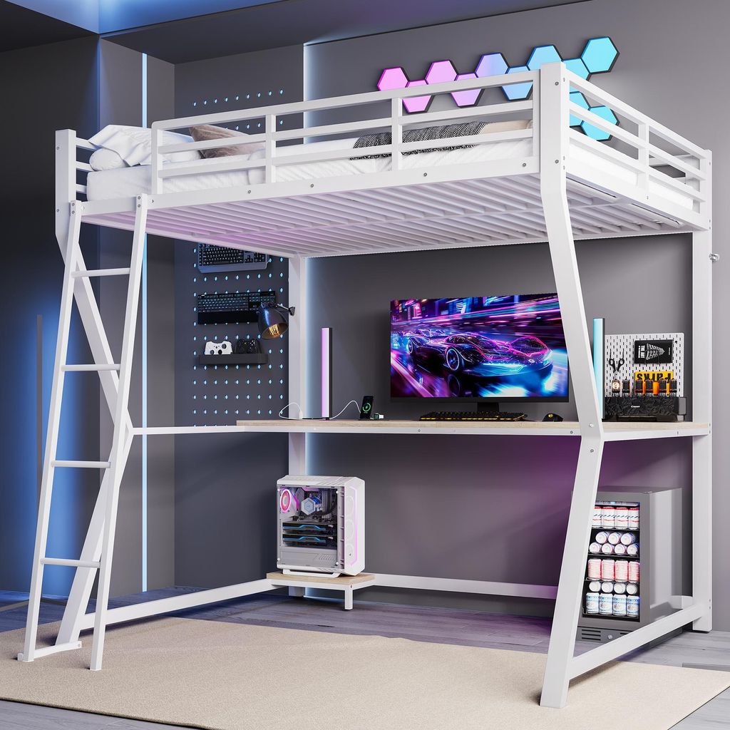 Flieks Etagenbett Metallbett 140x200cm mit LED und Ladefunktion(USB & Steckdosen), Hochbett Jugendbett Doppelbett mit Schreibtisch, Weiß
