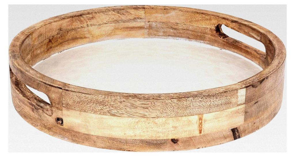 Rundes Tablett 35 cm aus Mangoholz mit cremefarbener Emaille-Beschichtung