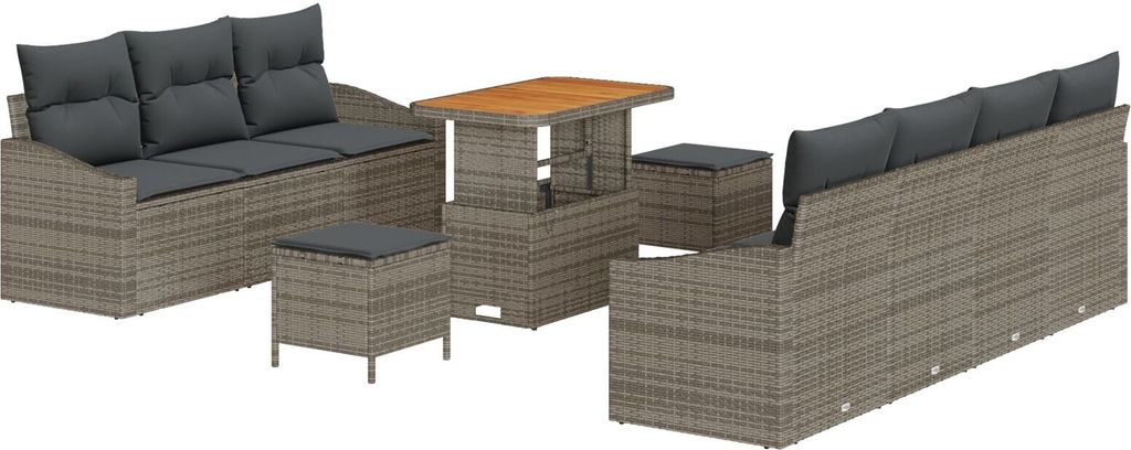 Möbel 10-teiliges Garten Sofa Set mit Kissen Grau Poly Rattan Akazie, 2-Sitzer Garten Sofa mit Stauraum & Kissen Grau Poly Rattan, 3-teiliges Gart...