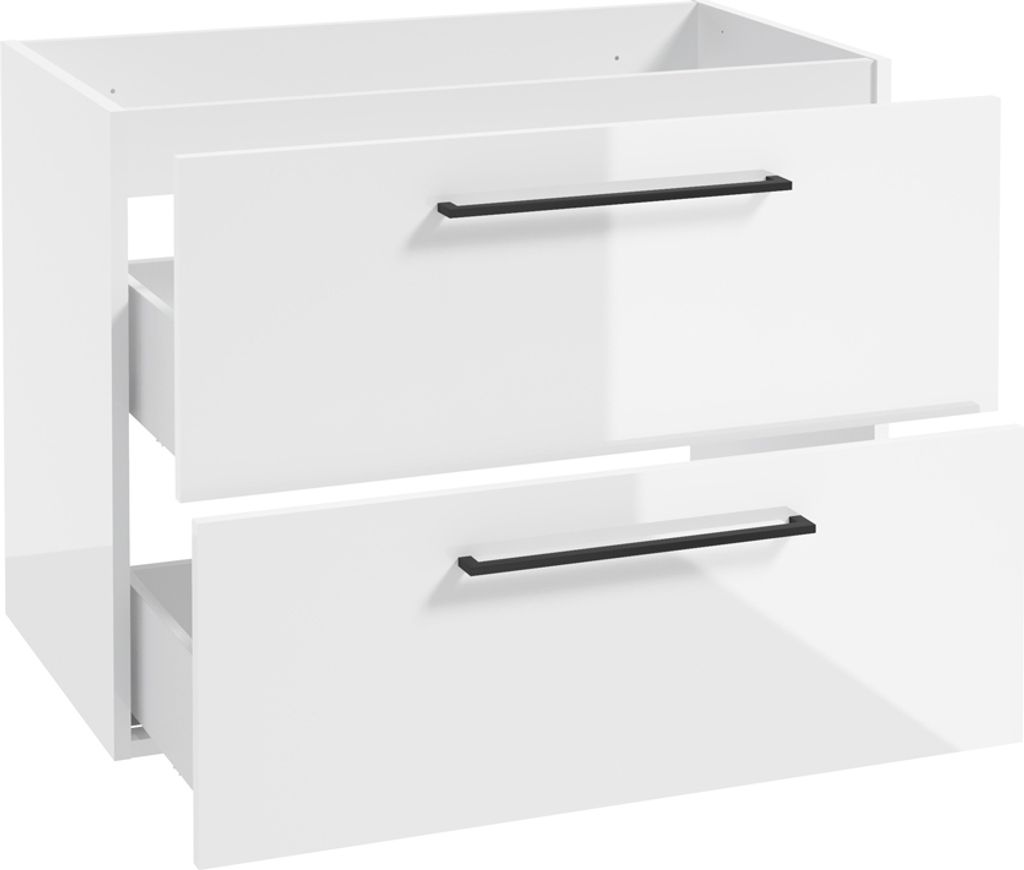 Waschtischunterschrank mit Metallgriffen in schwarz, 80 cm breit mit 2 Schubkästen, in weiß Hochglanz lackiert MESSINA-107, B/H/T: ca. 80/60/45 cm