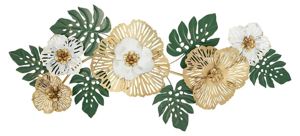 Décoration murale métal design fleurs en relief 3D doré grand format 137cm