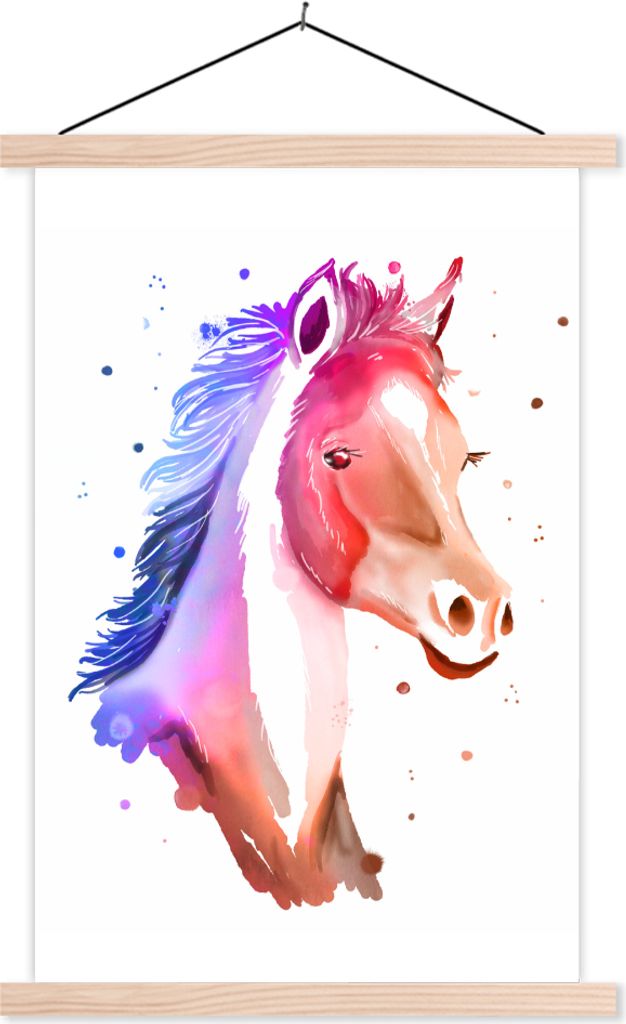 MuchoWow Textilposter Pferd - Rosa - Blau - Mädchen - Kinder - Mädchen 120x180 cm mit holzfarbenen Rahmen - Textil-Plakat