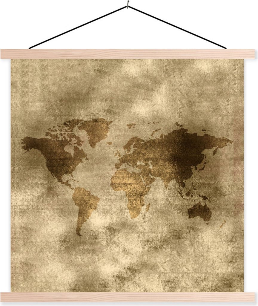 MuchoWow Textilposter Weltkarte - Gold - Braun 60x60 cm mit holzfarbenen Rahmen - Wanddekoration