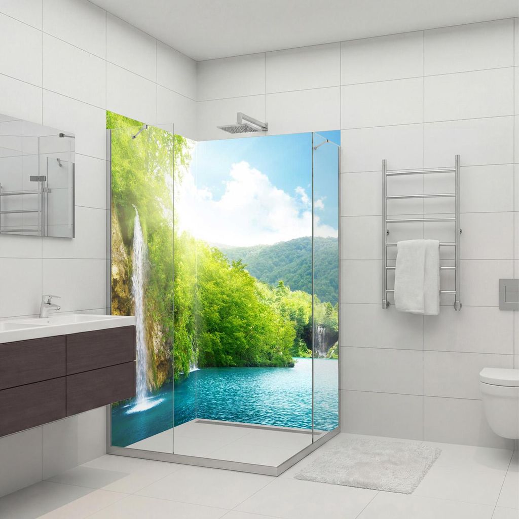 dedeco Eck-Duschrückwände Aluminium wasserfest Motiv: Wasserfall V9, Nano-Protect seidenmatt, 2 x 90x210x0,3cm, Fliesenersatz fugenlos Wandverkle...