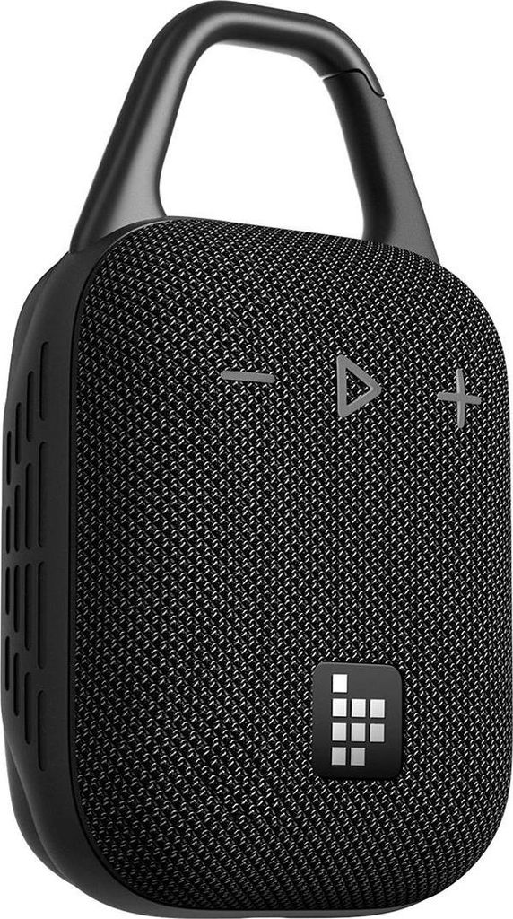 A black portable Bluetooth speaker with a handle.