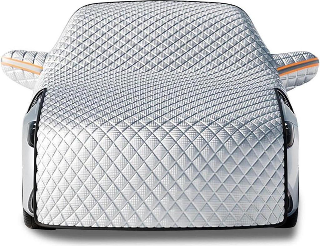A car windshield cover is shown from the front, covering the windshield and hood of a car.
