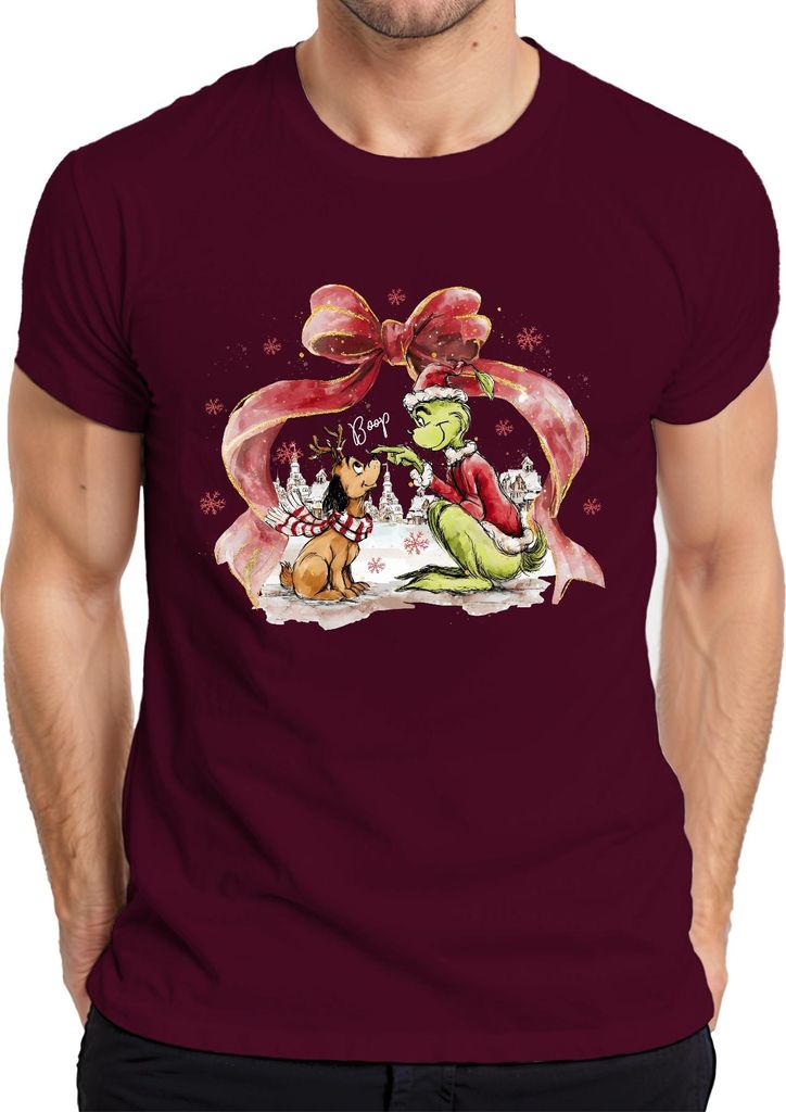 Grinch Boop niedlich Hund Rentierohren rote Schleife Weihnachten Herren T-Shirt, Burgundy, M