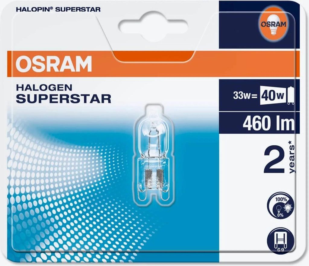 The image shows the retail packaging of an OSRAM Halopin Superstar halogen light bulb.
