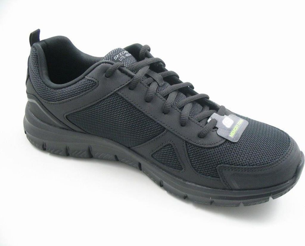 A black Skechers shoe is shown against a white background.