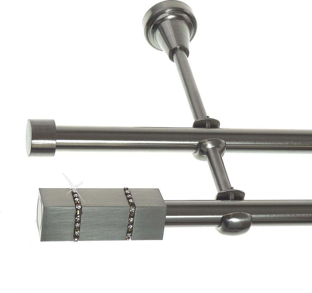 Gardinenstange Set Edelstahl Look Metall Ø 16mm zur Wandbefestigung 2-lauf mit Kristall, Länge wählbar H24 E27 E16