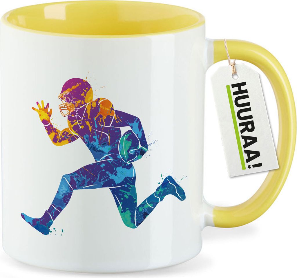 Huuraa Kaffeetasse Football Spieler bunte Silhouette 330ml Gelb Keramik Kaffeebecher Geschenkidee
