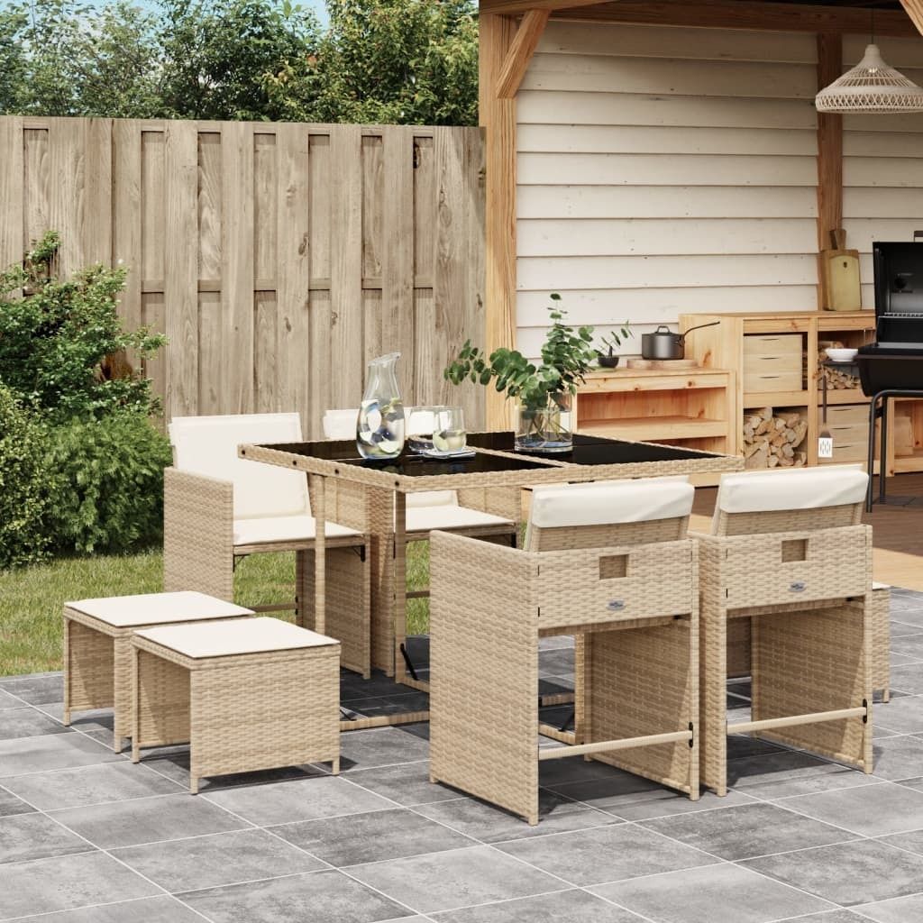 Maison Exclusive - 9-tlg. Garten-Essgruppe mit Kissen Beige Poly Rattan