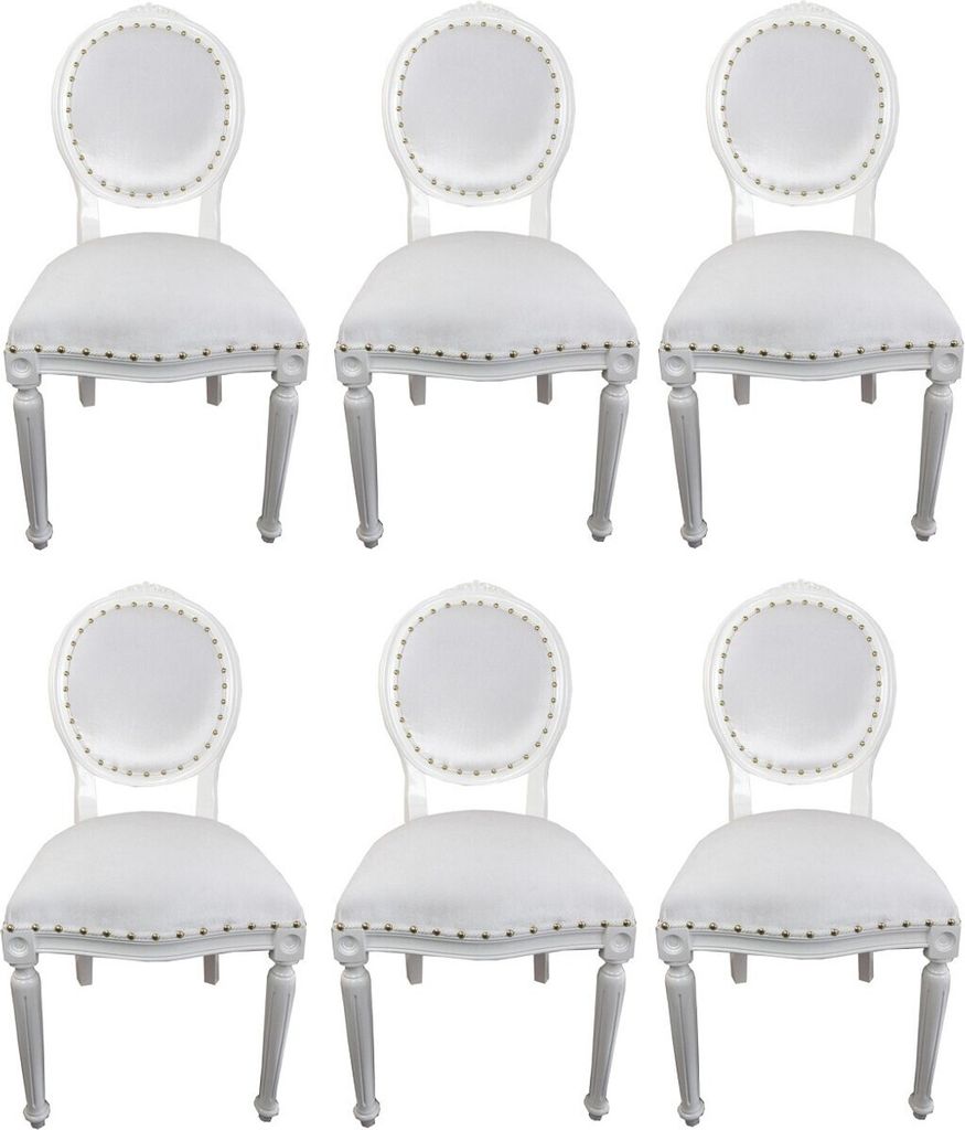 Casa Padrino Luxus Barock Esszimmer Set Medaillon Weiß 50 x 52 x H. 99 cm - 6 handgefertigte Esszimmerstühle - Barock Esszimmermöbel