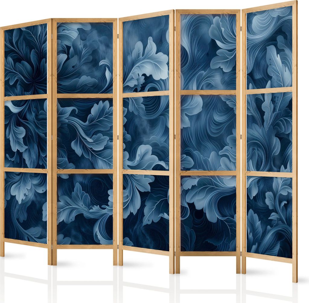 5-teiliger Einseitiger Vlies Japanischer Paravent - Abstract Ornaments - Dark Blue Victorian Leaves 225x172 cm Blumen f-H-10010-bh-b