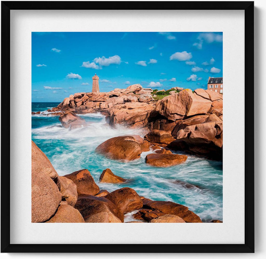 Wasser, Felsen und ein Leuchtturm– Wandbild mit Rahmen – Gerahmtes Bild – Wanddekoration – 50x50 cm – Schwarz Rahmen