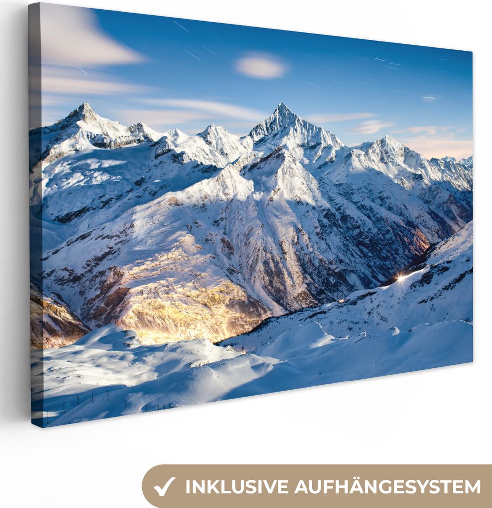 MuchoWow - Leinwandbilder - Alpen - Berg - Schnee, Wandbild, Wanddeko Bilder Wohnzimmer, 30x20 cm