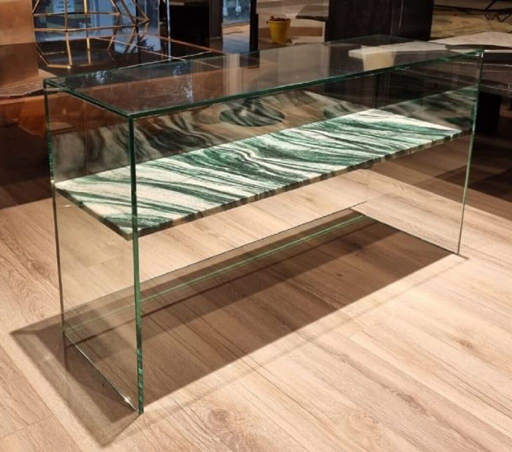 Casa Padrino Luxus Glas Konsole mit Marmor Regal Grün / Cremeweiß 90 cm