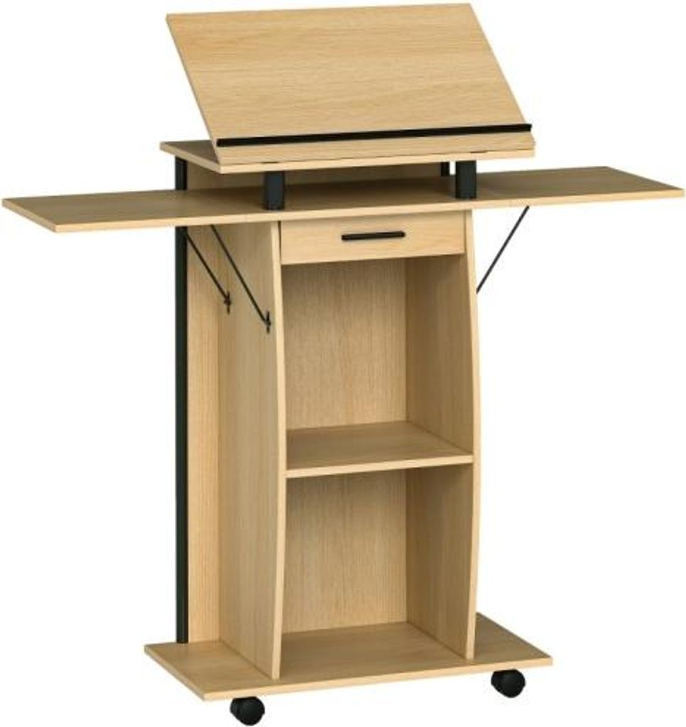 Rollbarer Podiumsstaender 126x37x136 cm Redepult mit klappbaren Seitenfluegeln Laptop-Tisch mit Schublade Regalen Eichenoptik Holz