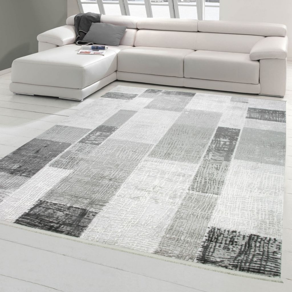 Designer Wohnzimmerteppich Wolle in Grau Creme Größe - 80 x 300 cm