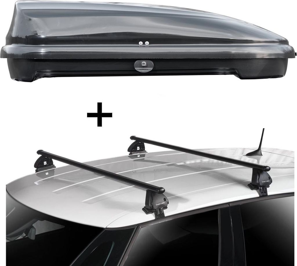 Dachbox VDPFL320 320 Liter schwarz glänzend + Dachträger VDP EVO Stahl kompatibel mit für Peugeot 308 5 Türer ab 2013