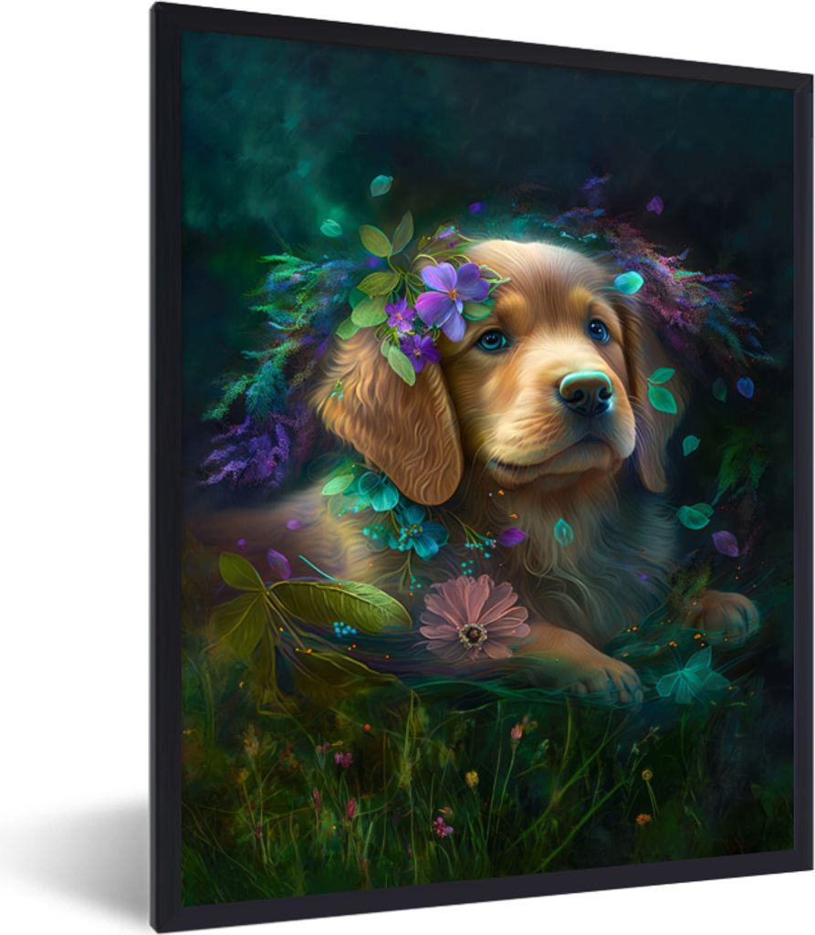 MuchoWow Gerahmtes Poster Hund - Welpe - Blumen - Natur - Golden Retriever 30x40 cm - Poster mit Schwarzem Bilderrahmen Wandposter Rahmen Foto Bi...