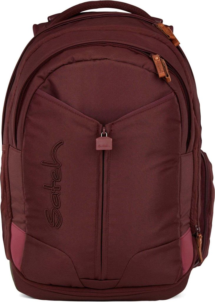 A maroon backpack is shown against a white background.