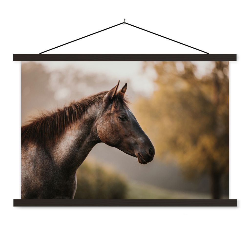 MuchoWow Textilposter Pferd - Wald - Porträt 90x60 cm mit schwarzem Rahmen - Aufhängungssatz
