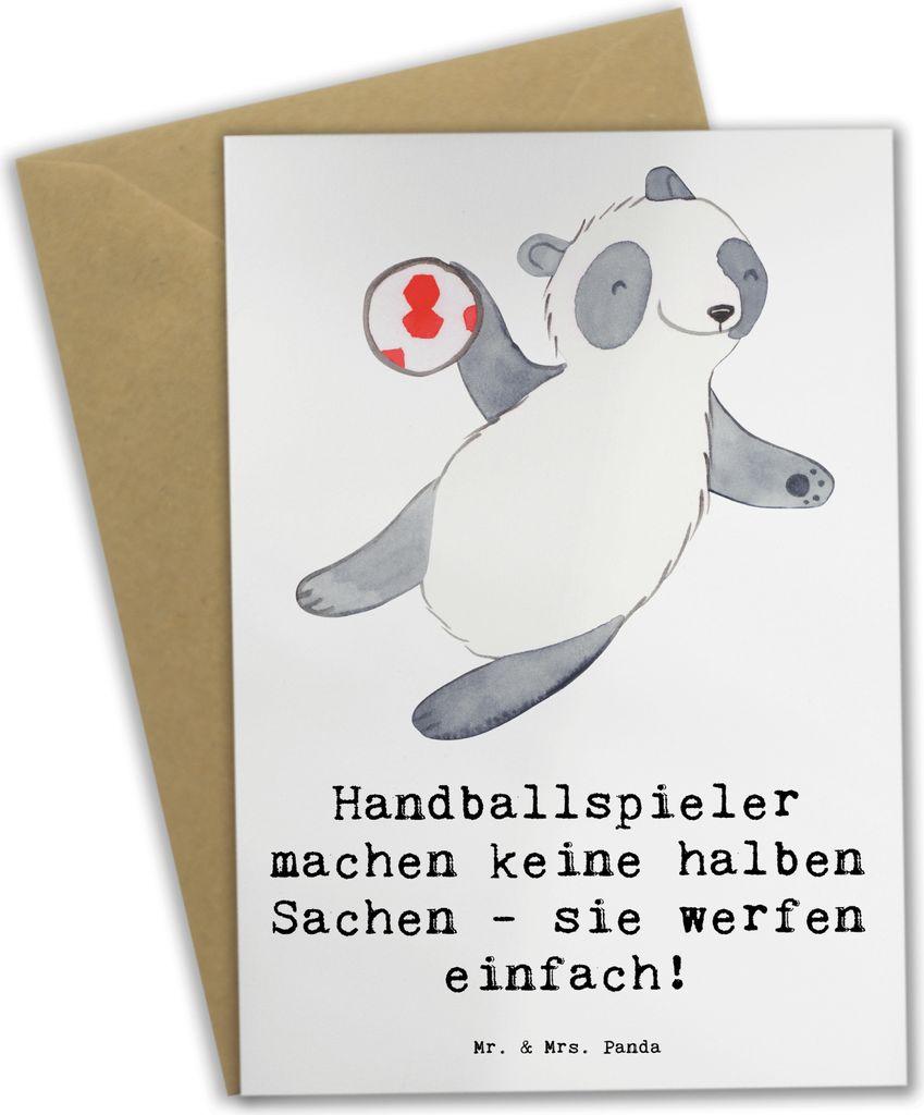 Mr. & Mrs. Panda Grußkarte Handball Wurf - Weiß - Geschenk, Leidenschaft, Sportart, Teamsport, Spieler, Grußkarten, Humor, Sportler, weihnachtsk...