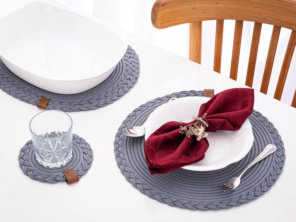 Runde Baumwoll-Tischsets in geflochtenem Grau - 32 cm - 2er-Set - zur Dekoration des Esstisches - für draußen und Küchentisch - rutschfeste Matt...