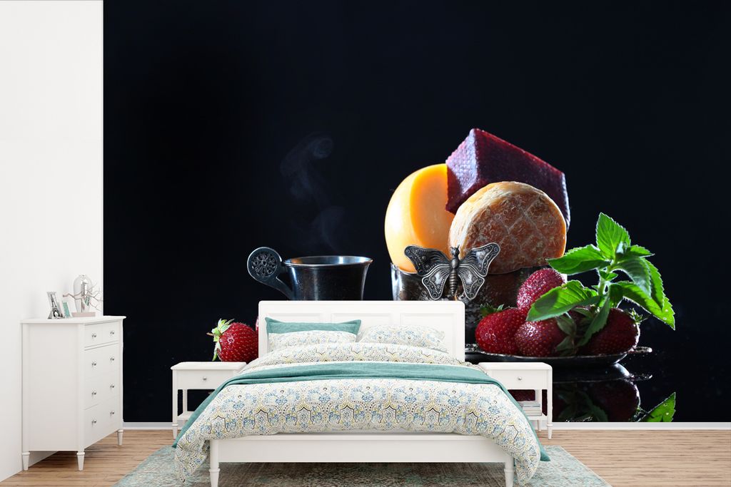 MuchoWow Fototapete für Wohnzimmer oder Schlafzimmer Wandtapete Vinyl Motivtapete Rustikal - Obst - Käse - Tisch - Stilleben - 420x280 cm - Zim...