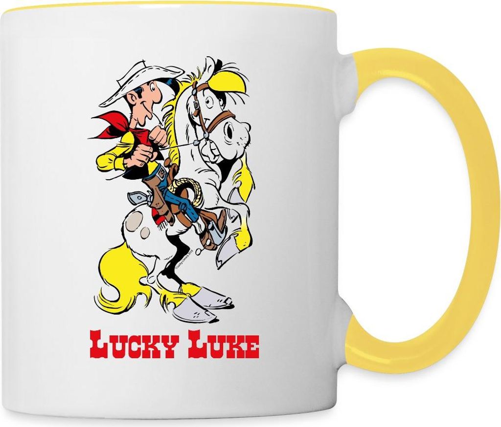 Spreadshirt Lucky Luke mit Pferd Jolly Jumper Tasse Zweifarbig, One size, Weiß/Gelb