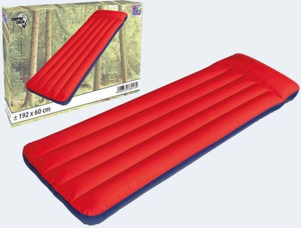 A red and blue inflatable mattress is shown next to its packaging, which features a forest scene.