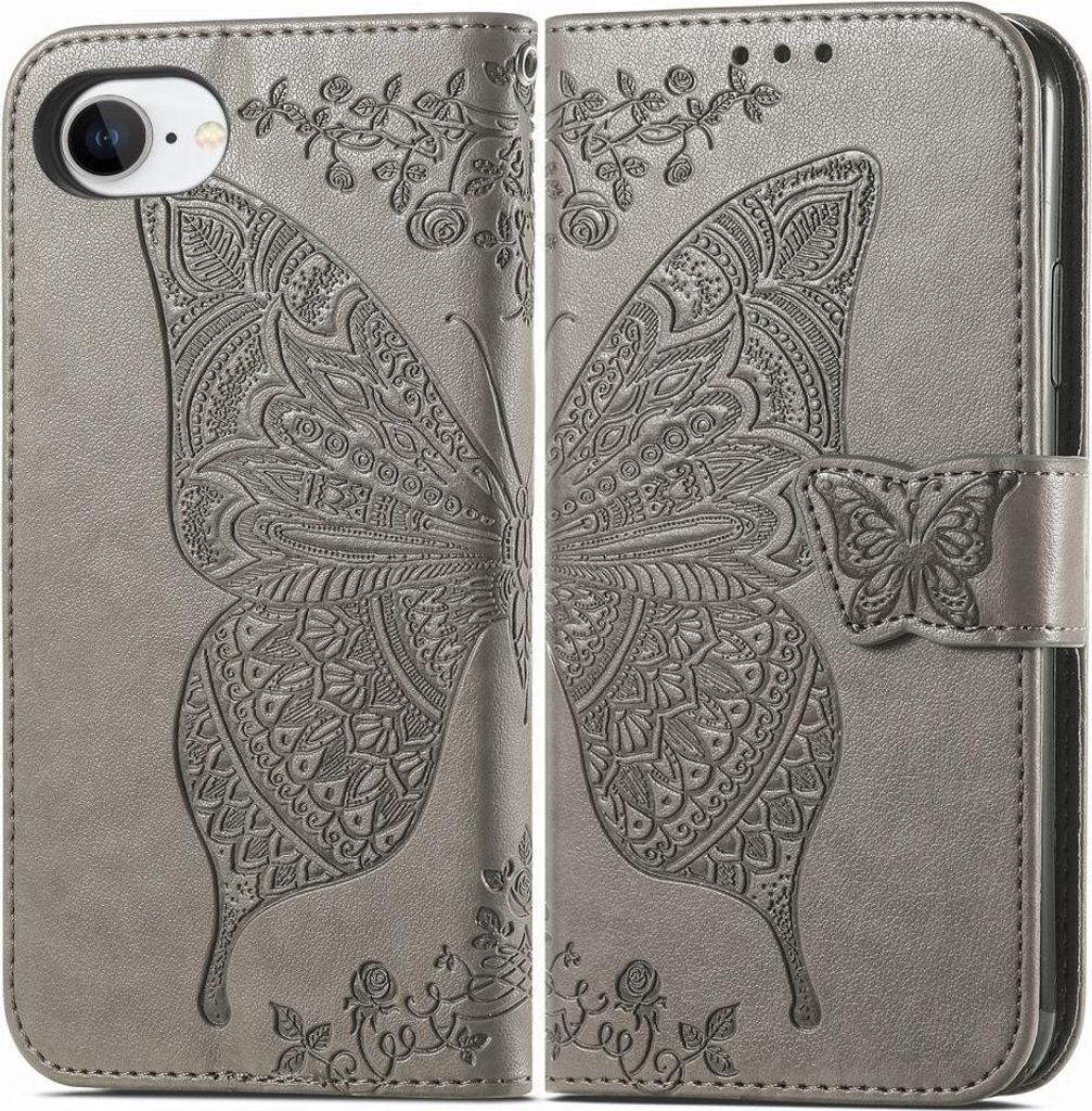 iPhone 16e / 17e Hülle - Coverup Schmetterling Klapphülle - Taupe Grau