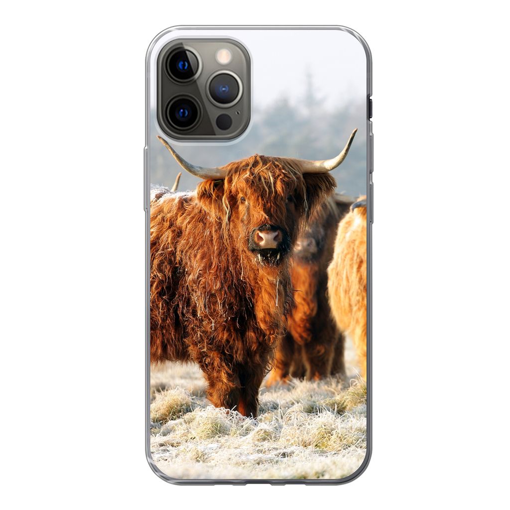 MuchoWow Handyhülle Schutzhülle Hülle für iPhone 13 Pro Schottische Highlander - Schnee - Wald Silikon Softcase Handy Hülle - Handy-Tasche