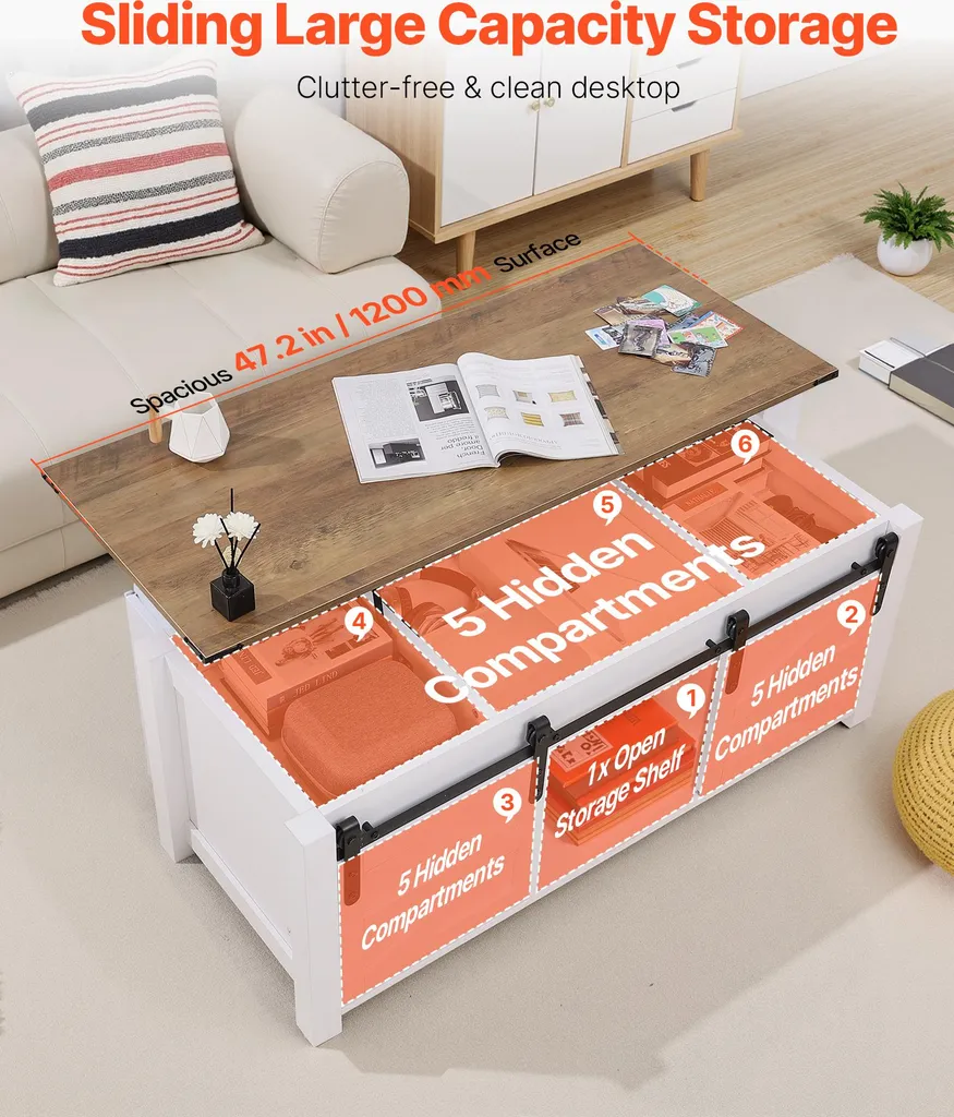 Table Basse Relevable avec Porte de Grange et Rangement Dissimulé Blanche