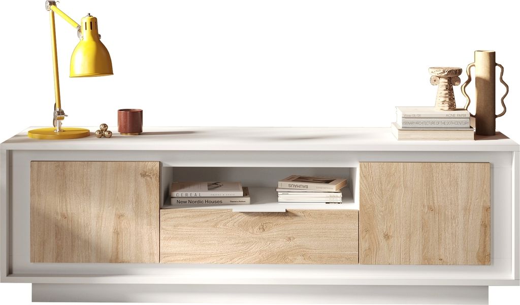 Lowboard >Siena< 2 Türen, 1 Schub, Weiss Lack matt, Cadiz Eiche Nachbildung - 180x58x50 BxHxT