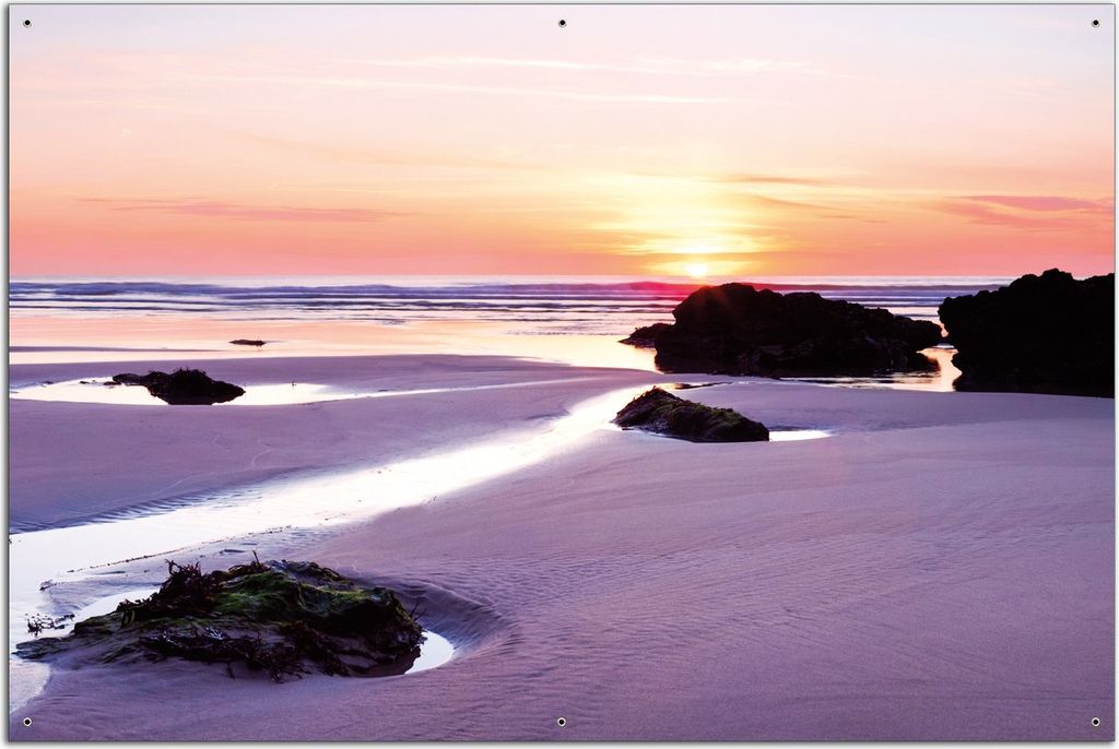 Wallario Outdoor-Poster für Garten oder Balkon, Motiv Sonnenuntergang am einsamen Strand, in ca. 61 x 91,50 cm