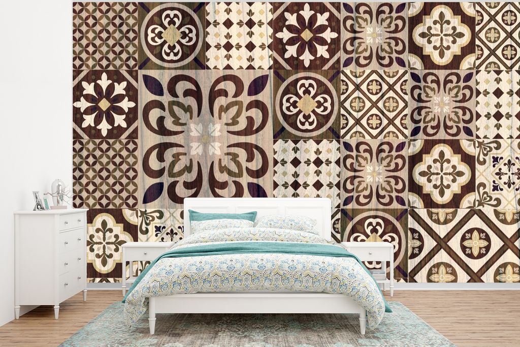 MuchoWow Fototapete für Wohnzimmer oder Schlafzimmer Wandtapete Vinyl Motivtapete Retro - Muster - Braun - Abstrakt - 350x260 cm - Wohnzimmer-Ta...